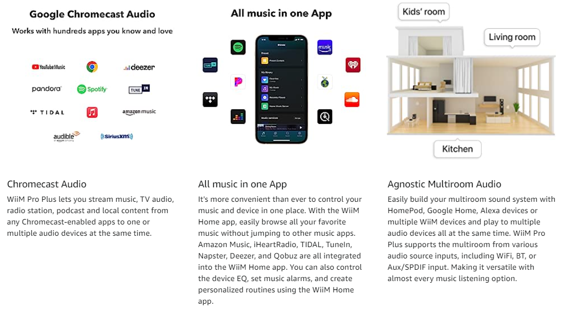 WiiM pro plus AirPlay2 Receiver, Chromecast Audio, WiFi Multiroom Streamer, Alexa, Siri,Google Assistant,Spotify, AmMusic